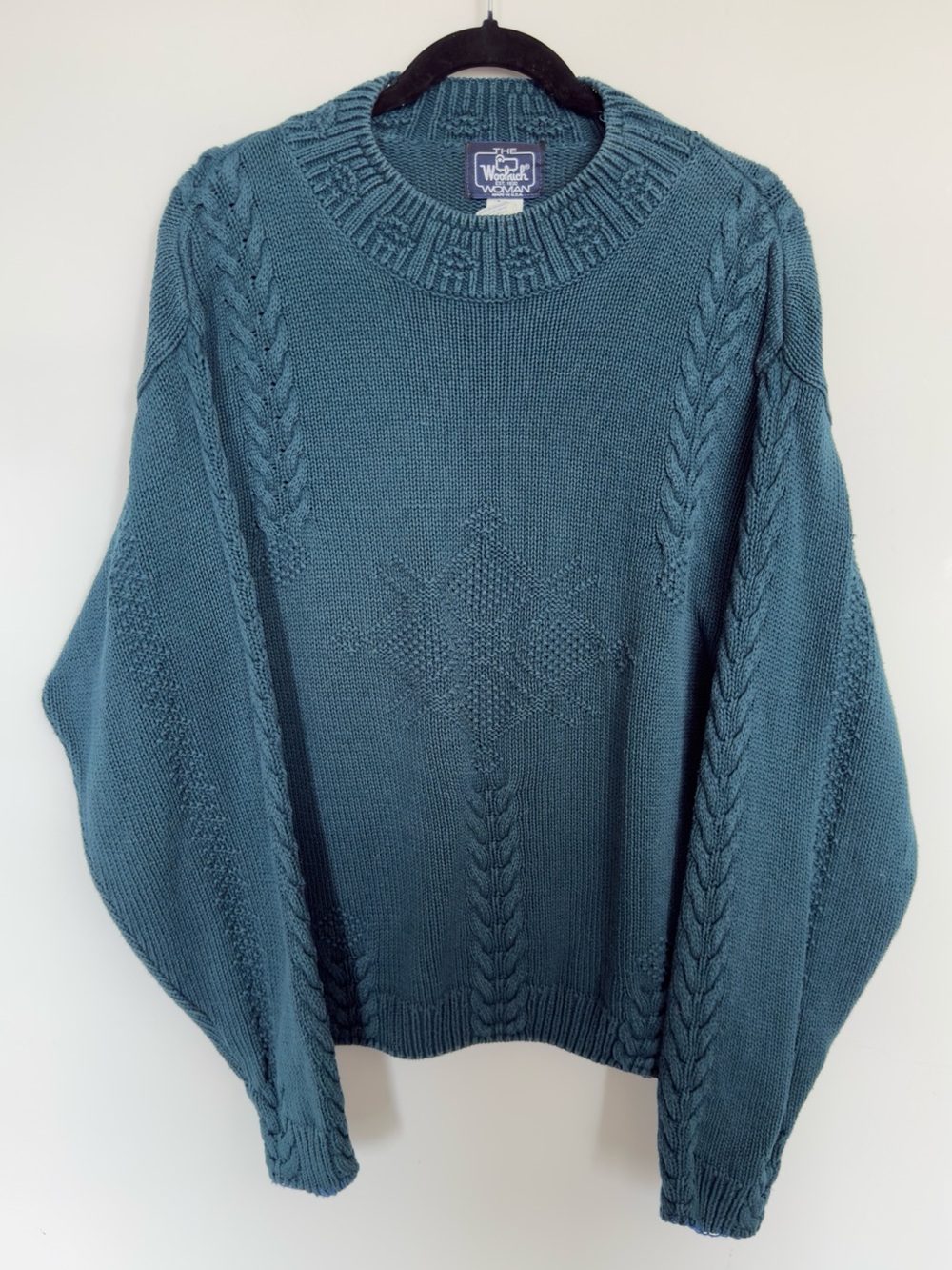 398. Woolrich Made in USA Cotton Cable Knit Sweater Teal Size XL